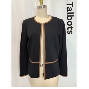 NWT Talbots Black Open Front Blazer Jacket Brown Trim Petite 10P Clasic Workwear